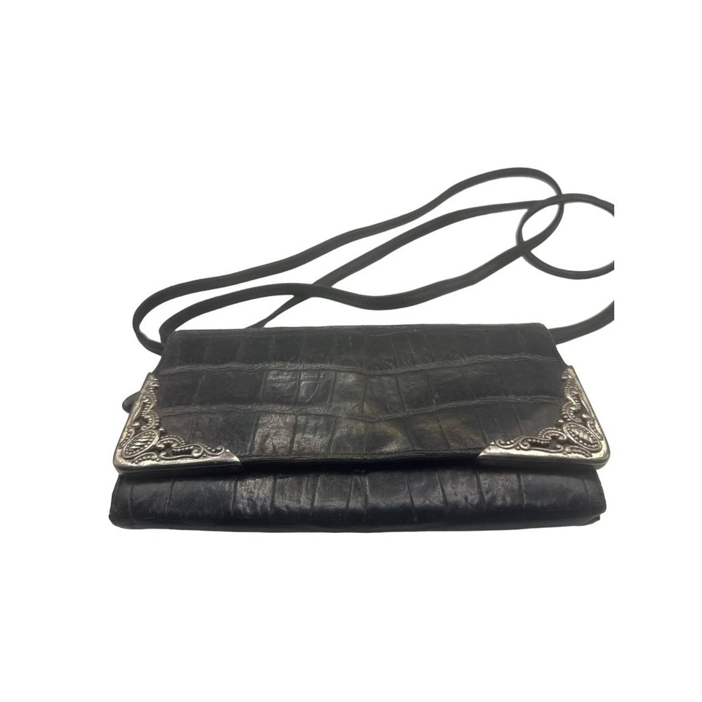 VTG Brighton Convertible Crossbody Clutch Purse Wallet Trifold Black Embossed